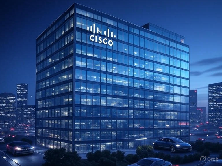 Futuristic digital illustration of a sleek glass office building with the Cisco logo, featuring blue-tinted windows and a vibrant cityscape with flying cars and neon lights, in landscape orientation.